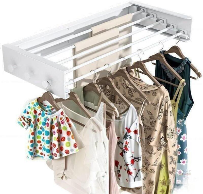 New Paihocou Collapsible Clothing Storage Organizer Drying Rack Wall Mounted for Laundry- 5 Aluminum Rods with 6 Hook Foldable Closet Shelves, Space Saving Storage for Indoor Outdoor(White,31.5'')