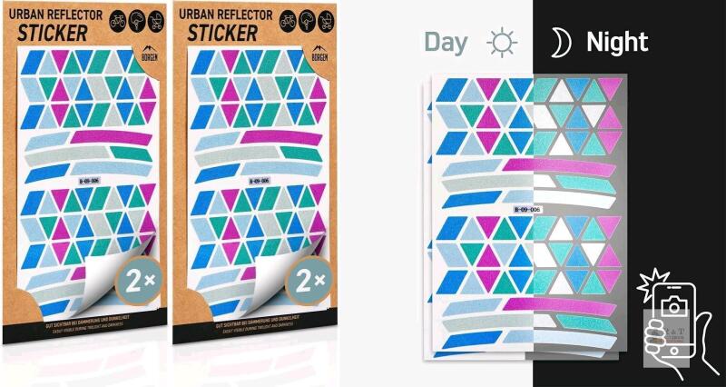 2 New Packs of 2 Borgen Reflector Sticker Sets - Weatherproof - For Bikes, Rims, Helmets, Hockey Sticks, Rollerblades ++ Stickers Up To 2.5" Long