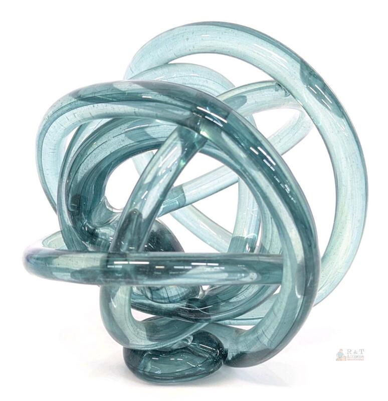 Vintage Aqua Glass Infinity Knot Sculpture, 6" No Chips or Cracks