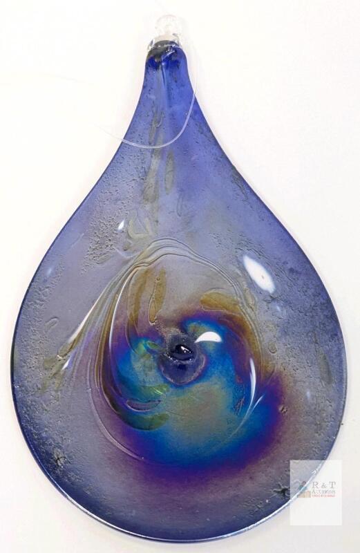 Handblown Art Glass Flat Iridescent Tear Drop Ornament Dark Blue, 7.5" Long No Chips or Cracks