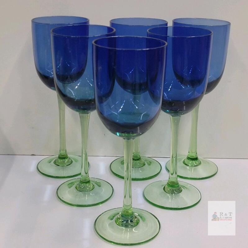 Set of 6 Metropolis by Block Handblown Tall Blue w/Green Stem/Base Wine Glasses