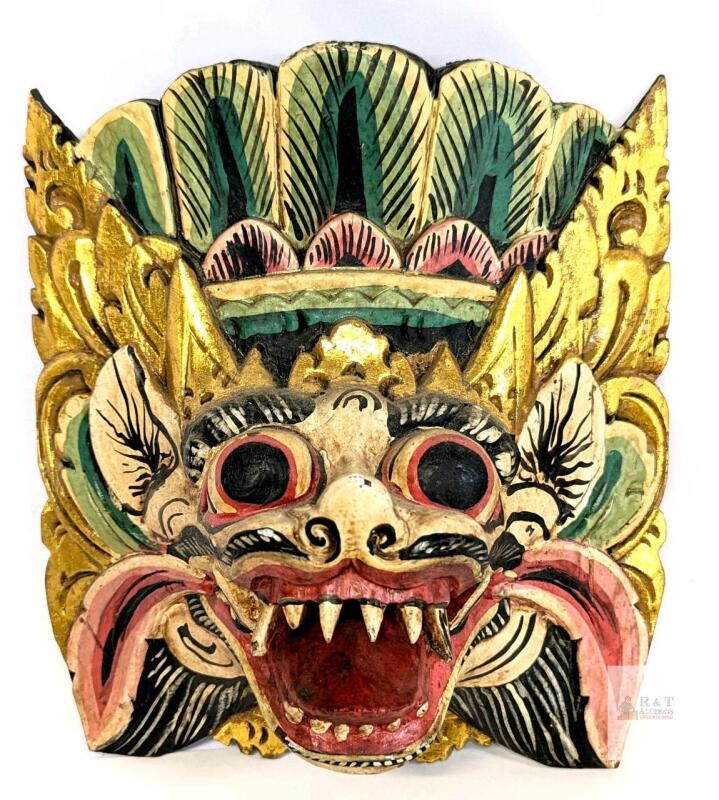 Vintage Hand-Carved Balinese Wood Barong Mask, 10" Tall