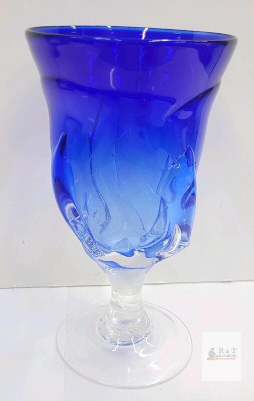 Hand-Blown Cobalt Blue Art Glass Goblet, Signed and Dated 89, Swirled Clear Stem, 7-Inch