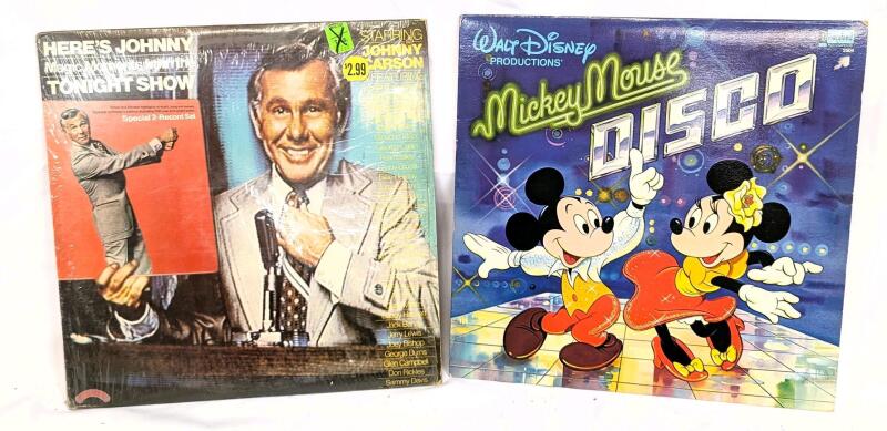2 Vintage LP Records : Casablanca HERE'S JOHNNY Magic Moments From The Tonight Show 2-Record Set & Walt Disney Productions MICKEY MOUSE DISCO