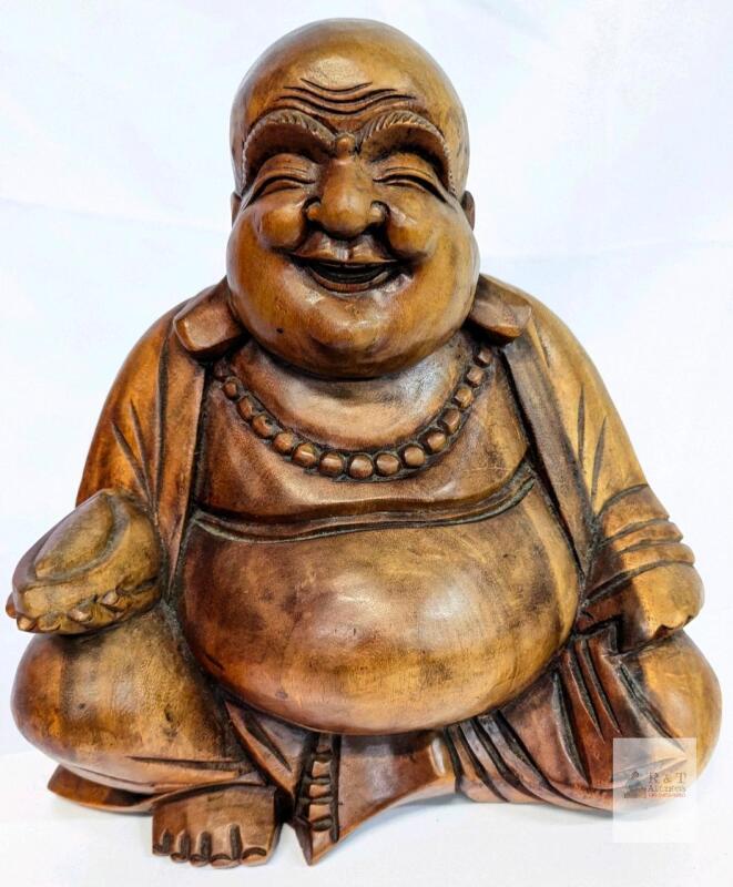 Large 12" Vintage Hardwood Carved Happy Lucky Buddha With Melon Slice