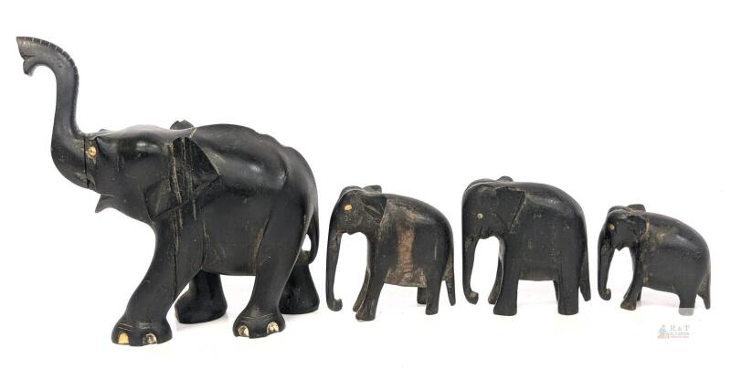 Antique Ebony Wood 4pc Elephant Family, Up To 6.75" Tall, Chips & Cracks Present, Some Natural Material Details Missing (Tusks, Toenails)