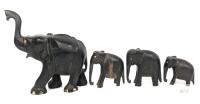 Antique Ebony Wood 4pc Elephant Family, Up To 6.75" Tall, Chips & Cracks Present, Some Natural Material Details Missing (Tusks, Toenails)
