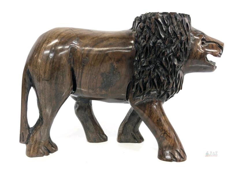 Carved Ironwood Lion Figure, Possible Candleholder Due To Its Flat Top, 6.6" Tall