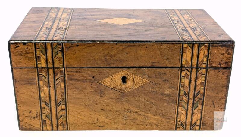 Antique Marquetry Mosaic Inlaid Burl Walnut Tea Caddy Decorative Stash Box, 10" &times; 5.35" &times; 4.75" Tall, Chip Present on Side of Lid