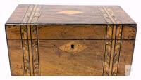 Antique Marquetry Mosaic Inlaid Burl Walnut Tea Caddy Decorative Stash Box, 10" &times; 5.35" &times; 4.75" Tall, Chip Present on Side of Lid