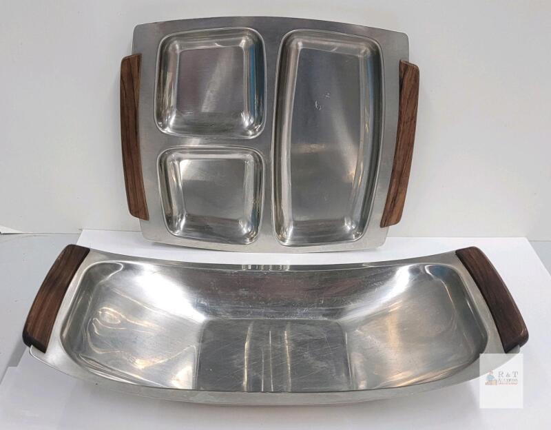 Danish Modern Stainless Steel Divided Serving Trays with Teak Handles, 18/8, Denmark, Set of 2