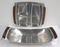 Danish Modern Stainless Steel Divided Serving Trays with Teak Handles, 18/8, Denmark, Set of 2