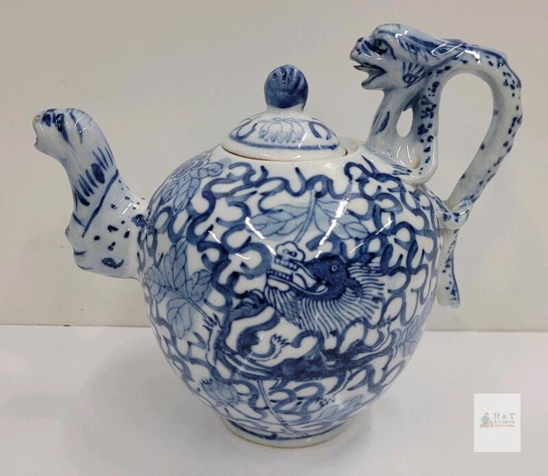 Chinese Blue and White Porcelain Teapot, Dragon Handle & Spout, Qing Mark, 5.5" Tall