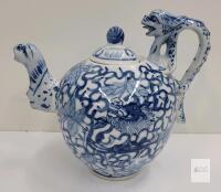 Chinese Blue and White Porcelain Teapot, Dragon Handle & Spout, Qing Mark, 5.5" Tall