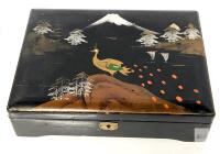 Vintage 1950s Japanese Laquered Jewelry Box Peacock Design, 10" &times; 7.25" &times; 2.75" Tall, No Key
