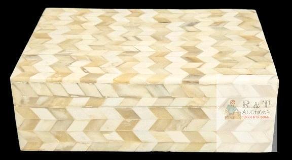 Vintage Bone Chevron Arrow Box With Lid, 7.35" &times; 6.35" &times; 2.25" Tall, Small Chip Out Of Top of One Chevron on Lid