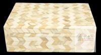 Vintage Bone Chevron Arrow Box With Lid, 7.35" &times; 6.35" &times; 2.25" Tall, Small Chip Out Of Top of One Chevron on Lid