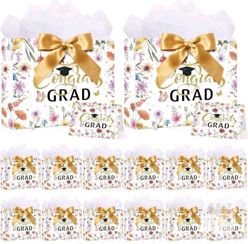 New Maitys 12 Pack 13" Large Wildflower Birthday Bags for Graduation Celebration Flower Happy Birthday Gift Paper Bags with Tissue Papers, Ribbons and Greeting Cards