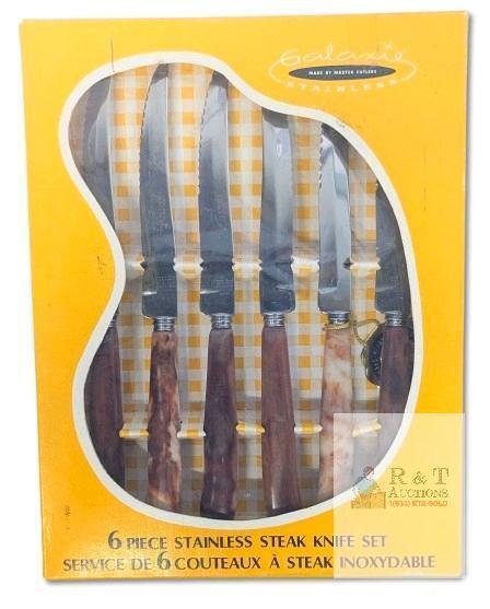 Vintage Master CutlersB Hollow Ground Japan Galaxie Stainless Steel 6pc Stainless Steak Knife Set #1333 Bakelite Handles, Original Box