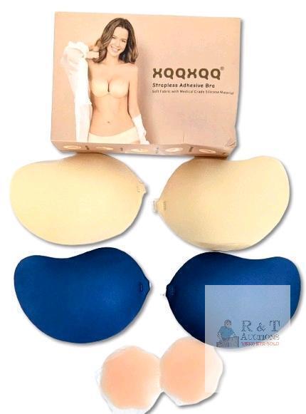 New Bra Cup Size "C" Women's XqqXqq Reusable Strapless Silicone Sticky Bras With Front Clasp + Pair of Silicone Nipple Covers | Beige + Navy 2Pack (Cup C)