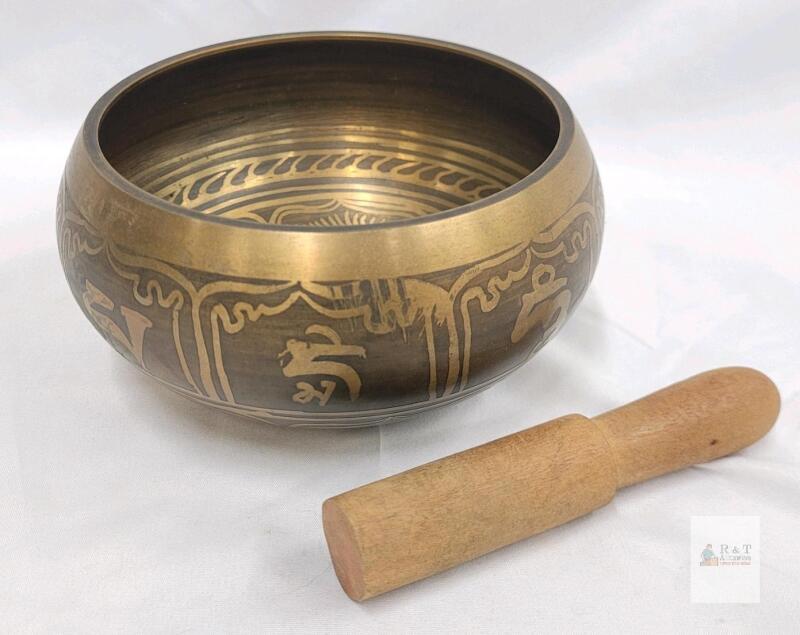 4.3" Tibetan Singing Bowl with Etched Buddhist Motifs and Wooden Striker