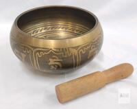 4.3" Tibetan Singing Bowl with Etched Buddhist Motifs and Wooden Striker