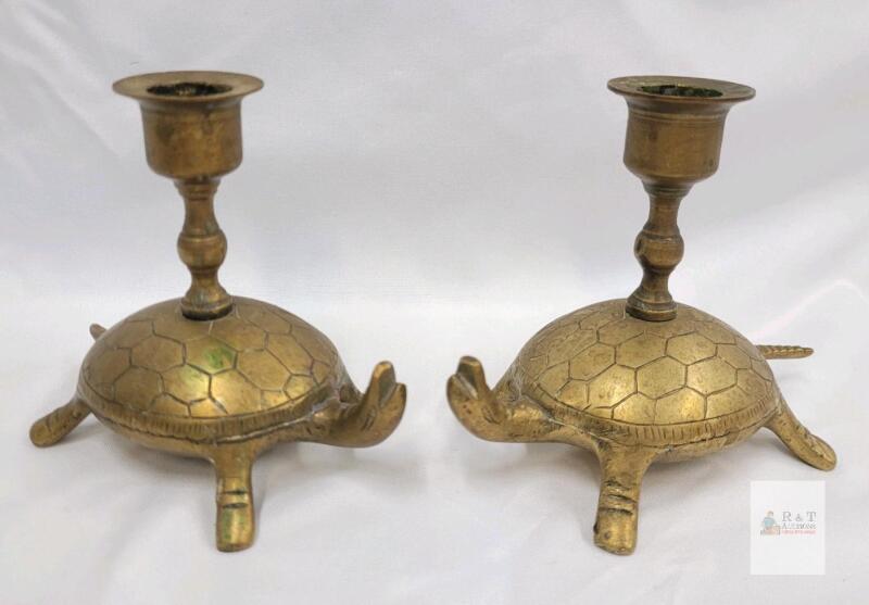 Pair of Brass Turtle Candlestick Holders, 3.75" Tall, Vintage Animal Figural Decor