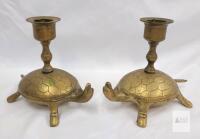Pair of Brass Turtle Candlestick Holders, 3.75" Tall, Vintage Animal Figural Decor