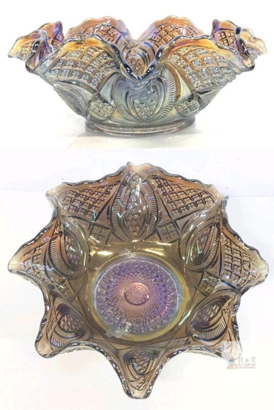 Vintage Unsigned Imperial Glass Company "Diamond Ring" Iridescent Carnival Glass Bowl, 8.75" Diameter &times; 3.5" Tall No Chips or Cracks