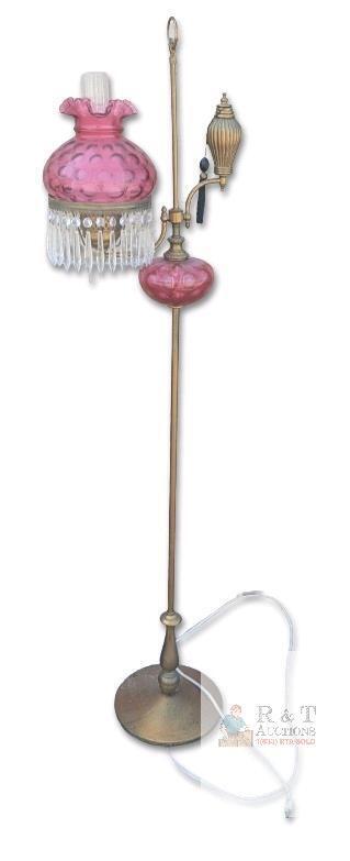 Vintage Cranberry Coin Dot Floor Lamp, Crystal Pendalogues, Brass Body, Tested For Power, 61" Tall, Fleabites & Small Chips Present on Bottoms of Glass Shades, 2 Missing Pendalogues