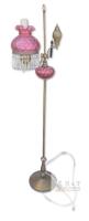 Vintage Cranberry Coin Dot Floor Lamp, Crystal Pendalogues, Brass Body, Tested For Power, 61" Tall, Fleabites & Small Chips Present on Bottoms of Glass Shades, 2 Missing Pendalogues
