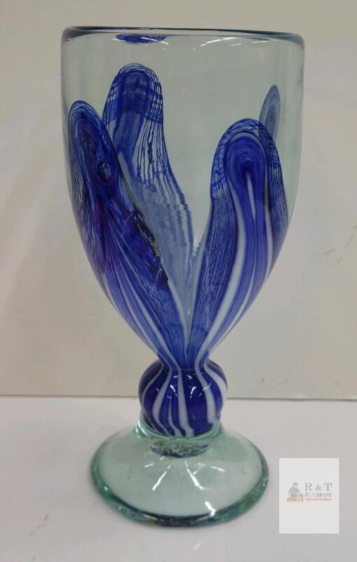 Hand-Blown Art Glass Goblet by Jon Duncan, Blue & White Feathered Swirl, 6.5 In, Signed Studio 18
