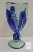 Hand-Blown Art Glass Goblet by Jon Duncan, Blue & White Feathered Swirl, 6.5 In, Signed Studio 18