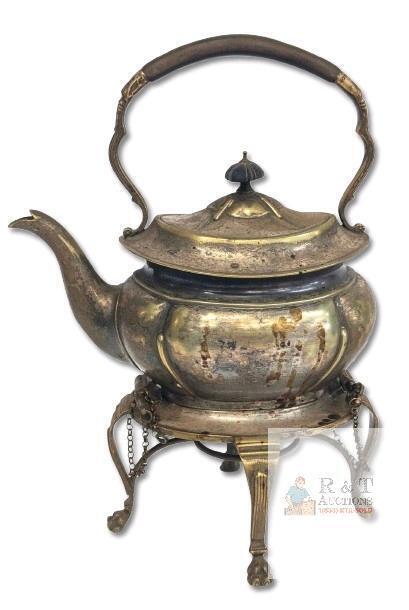 Vintage Rattray Dundee England Warranted Hard Solder Plated Spirit Kettle With Clawfoot Attatched Base, For Display Only, 12" Tall, Engraved" L" On Side
