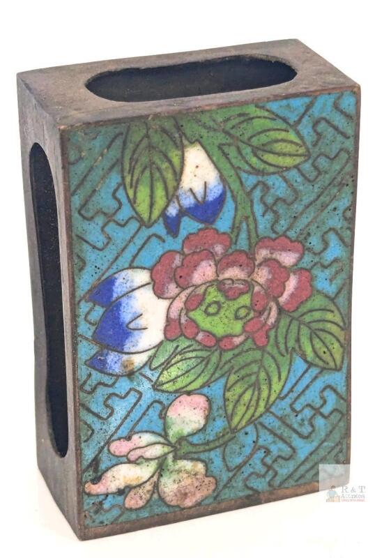 Antique Match Box Holder / Brass and Enamel Cloisonn&eacute; with Floral Designs, 2.25" Long