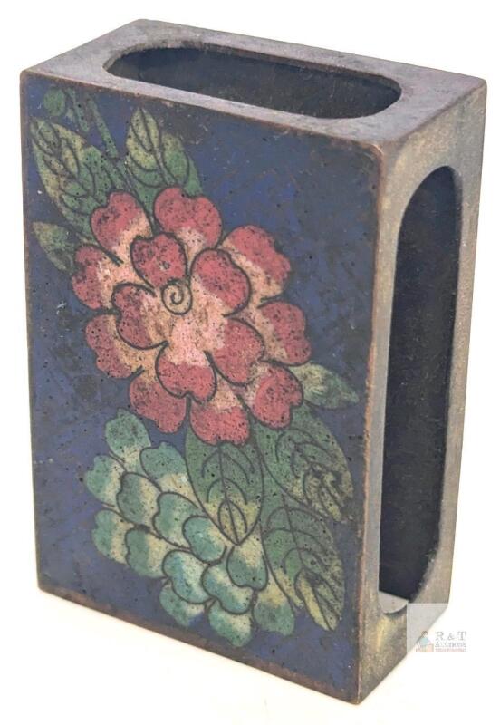 Antique Match Box Holder / Brass and Enamel Cloisonn&eacute; with Floral Designs, 2.25" Long
