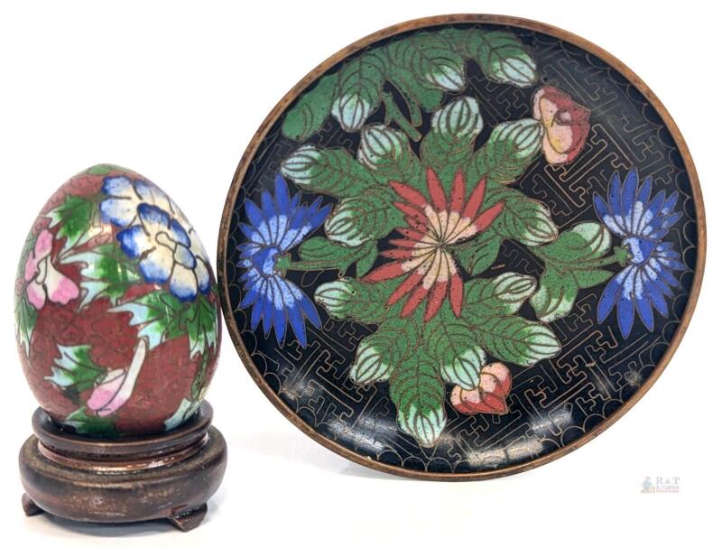 Vintage Hand Enameled Cloisonn&eacute; Egg on Stand & 4.35" Dish