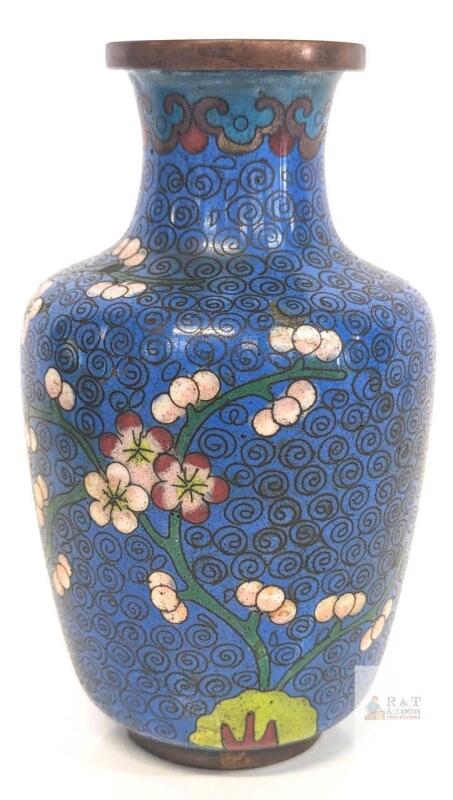 Vintage Hand enameled Cloisonn&eacute; Chinese Small Vase, Cherry Blossom Design, 5.25"