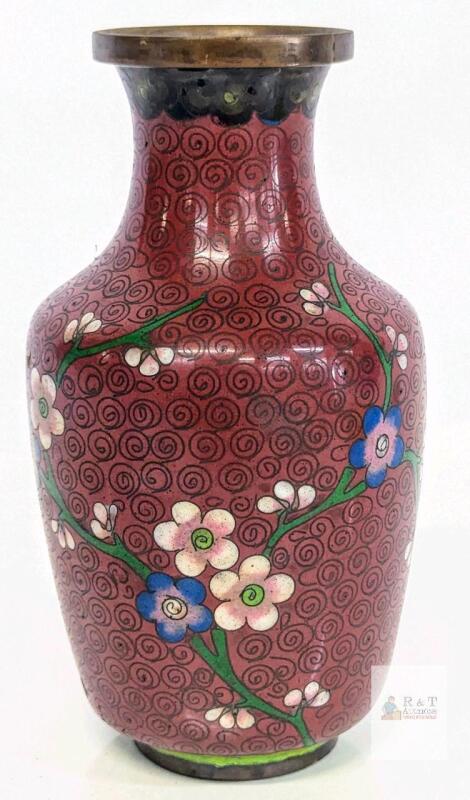 Vintage Hand enameled Cloisonn&eacute; Chinese Small Vase, Cherry Blossom Design, 5.25"