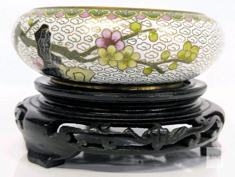 Vintage Hand enameled Cloisonn&eacute; Chinese Bowl With Stand, Cherry Blossom Design, 5" Diameter &times; 1.75" Tall (3.25" Tall On Stand)