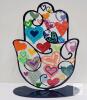 Yair Emanuel SHL-17 Hamsa Hand Sculpture, Laser-Cut Metal, Hand-Painted Hearts Design, 9" x 6.5" x 2.5"