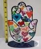 Yair Emanuel SHL-17 Hamsa Hand Sculpture, Laser-Cut Metal, Hand-Painted Hearts Design, 9" x 6.5" x 2.5" - 3