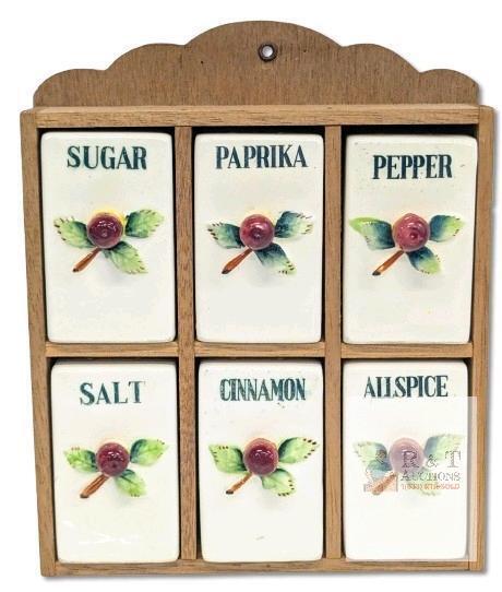 Vintage 1950's Cherry Fruit Spice Rack 6 Ceramic Shaker Jars, Missing 2 Corks, 8.8" Tall, No Chips or Cracks