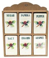 Vintage 1950's Cherry Fruit Spice Rack 6 Ceramic Shaker Jars, Missing 2 Corks, 8.8" Tall, No Chips or Cracks