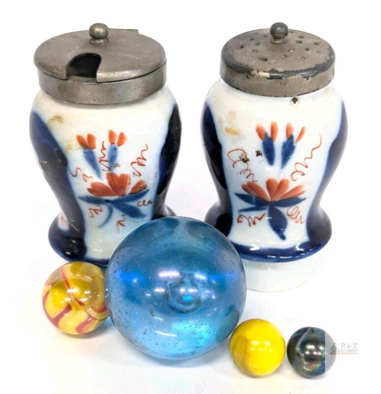 Vintage to Antique Hand Painted Salt and Mustard Pots 3.5" & 4 Vintage Glass Marbles, Incl 1 Large 1.75" Iridescent Blue With Center Bubble Inclusion, Chips & Crack Present in Shakers