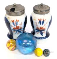 Vintage to Antique Hand Painted Salt and Mustard Pots 3.5" & 4 Vintage Glass Marbles, Incl 1 Large 1.75" Iridescent Blue With Center Bubble Inclusion, Chips & Crack Present in Shakers