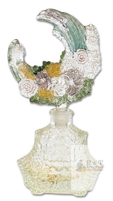 RARE! Vintage 1930s Czechoslovakia Art Deco Crashing Wave & Flowers Glass Perfume Bottle With Ornate Fired-On Stopper With Rarely Seen Colours, 9" Tall, Small Chips On Bottom Of Stopper, Rough Spots Can Be Felt on Stopper