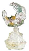 RARE! Vintage 1930s Czechoslovakia Art Deco Crashing Wave & Flowers Glass Perfume Bottle With Ornate Fired-On Stopper With Rarely Seen Colours, 9" Tall, Small Chips On Bottom Of Stopper, Rough Spots Can Be Felt on Stopper