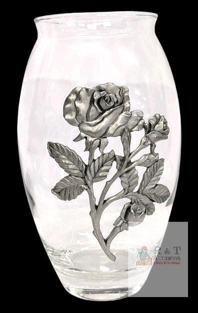 Signed Vintage 1997 Seagull Pewter Roses Glass Vase, 8.8" Tall, No Chips or Cracks