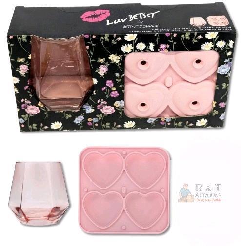 New Betsey Johnson LUV BETSEY 10.48oz Diamond-Shaped Pink Wine Glass & 3D Silicone Heart Ice Mold